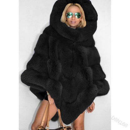 Luxury Hooded Faux Fur Patchwork Cape for Women – Oversized Plush Winter Coat in Elegant Solid Colors