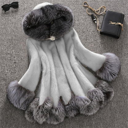 Luxury Faux Mink Fur Coat with Hood – Women’s Winter Plush Jacket