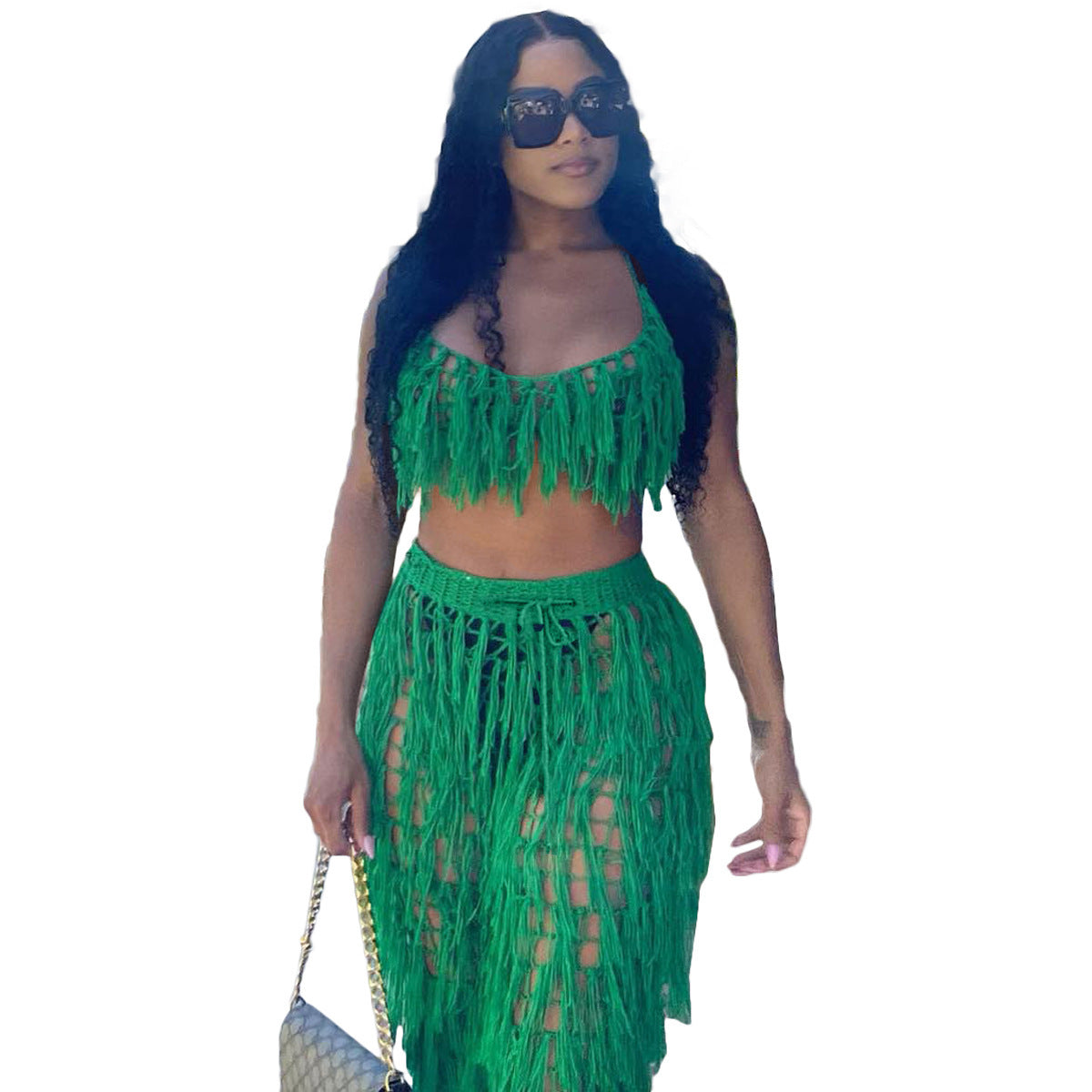 Women's See-Through Crochet Tassel Beach Set – 2-Piece Knitted Cover-Up Suit