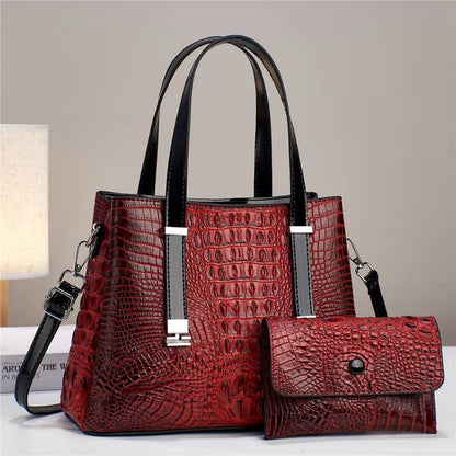 Women’s Crocodile Pattern Tote Bag Set – Large Capacity PU Leather Handbag with Matching Clutch