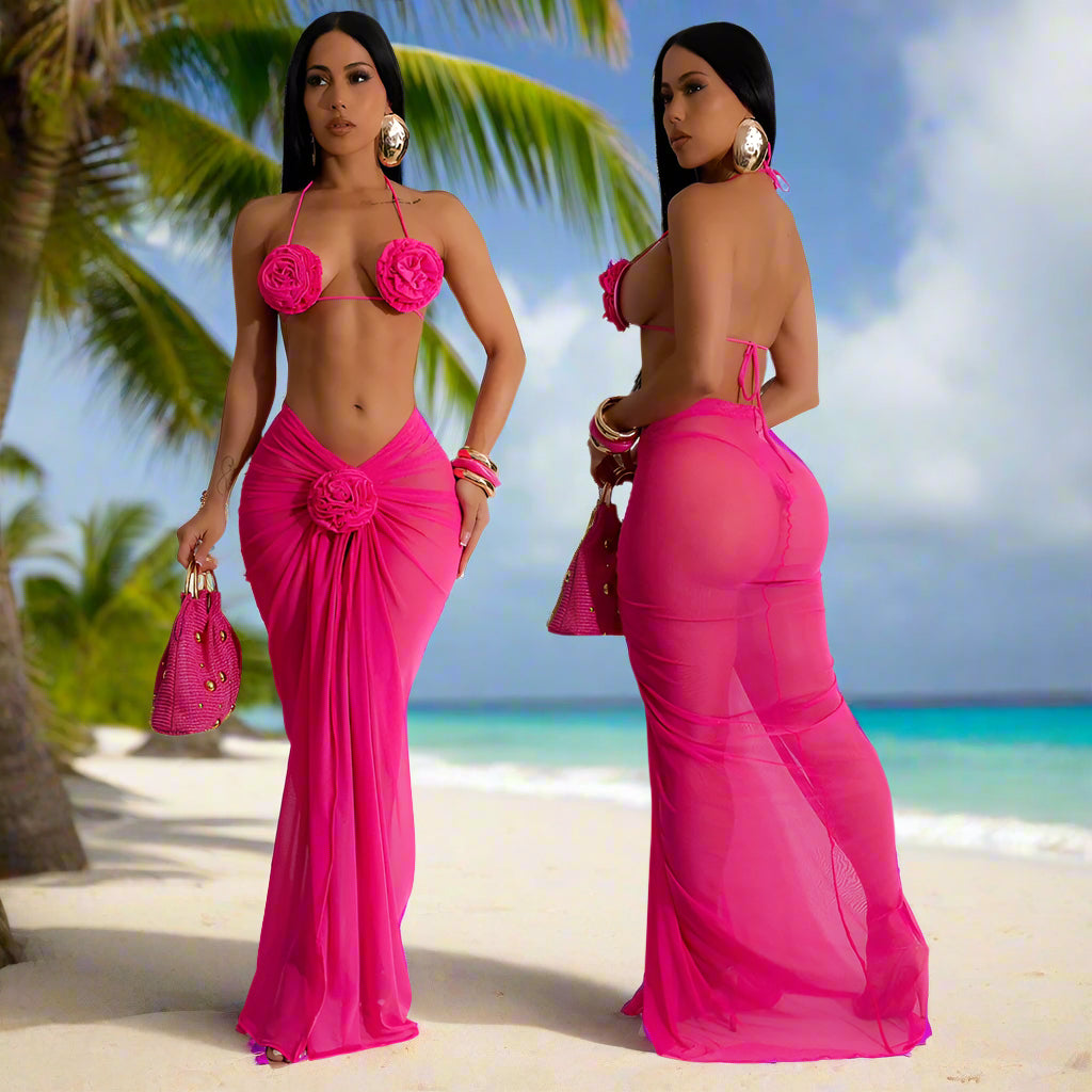 Colorful 3D Floral Bikini & Sheer Maxi Skirt 3-Piece Set – Bullish Boutique