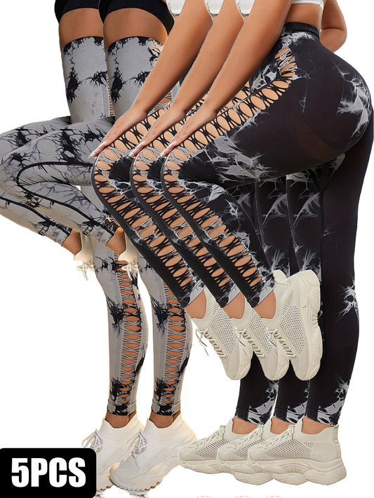 5 Pack Tie-Dye Cutout Booty-Lifting Yoga Leggings – High Waist Tummy Control