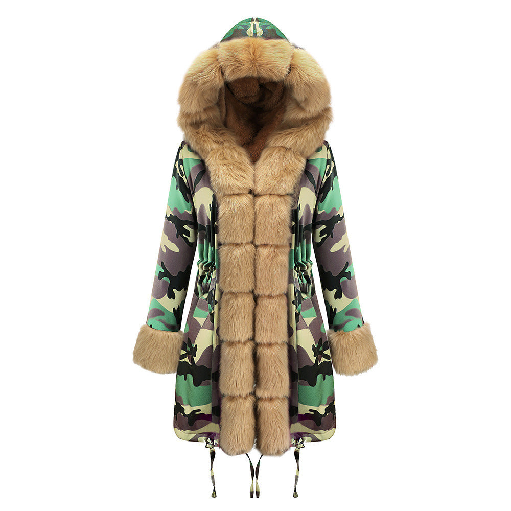 Women’s Hooded Cotton Jacket with Fur Collar – Winter Warm Long Coat