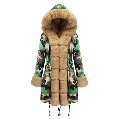 Women’s Hooded Cotton Jacket with Fur Collar – Winter Warm Long Coat