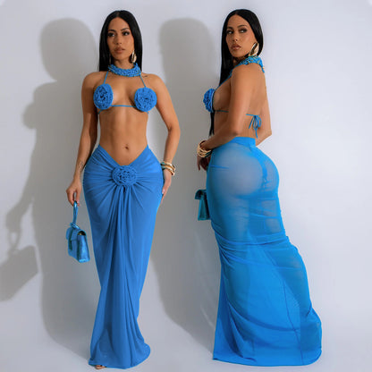 Colorful 3D Floral Bikini & Sheer Maxi Skirt 3-Piece Set – Bullish Boutique