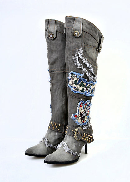 Women’s Distressed Denim Over-the-Knee Stiletto Boots with Belt Buckles & Beaded Accents