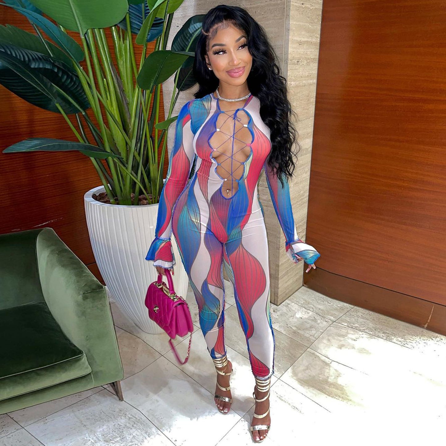 Vibrant Elegance Printed Long Sleeve Jumpsuit for Women