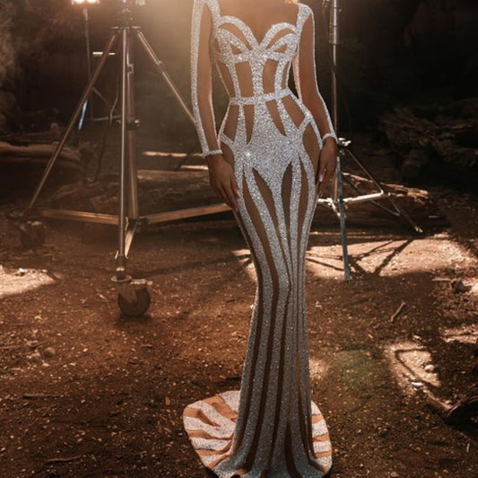 Women's Luxury Glitter Crystal Fishtail Gown – Sheer Panel Long Sleeve Evening Dress with Train