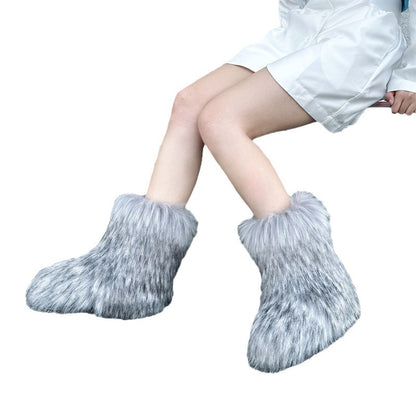 Luxury Raccoon Fur Plush Snow Boots – Women’s Faux Fur Short Tube Winter Warm Boots