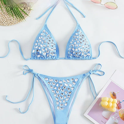 👙 Sky Blue Diamond Bikini Set – Sexy Backless High Elasticity Swimsuit