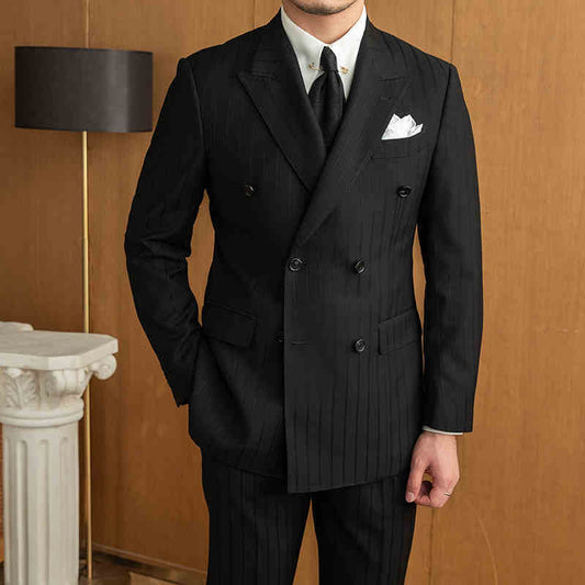 🕴️ Black Striped Double-Breasted Suit – Men's Versatile Fall Formalwear
