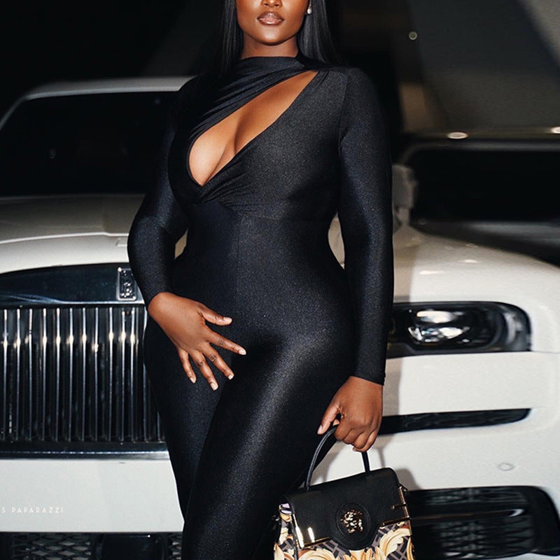 🖤 Cutout Long Sleeve Skinny Jumpsuit – Curve-Hugging Mid-Waist Fit