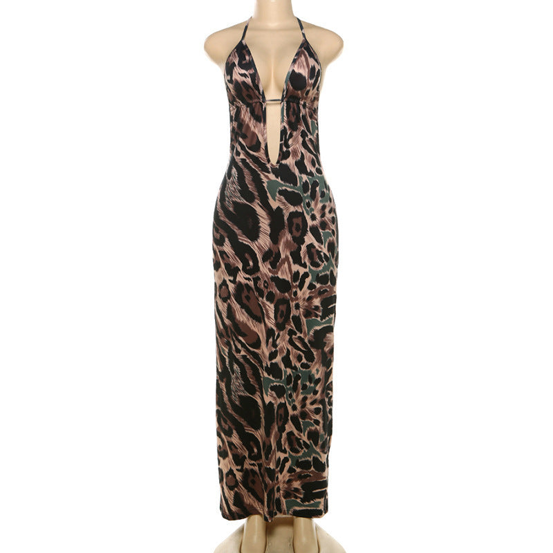 Sexy Halter Backless Leopard Print Maxi Dress – High Waist Bodycon