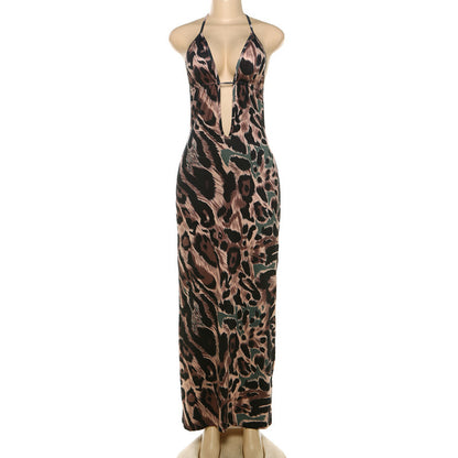 Sexy Halter Backless Leopard Print Maxi Dress – High Waist Bodycon