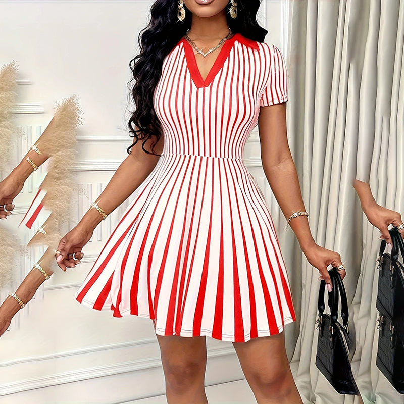 Women's Polo Dress Elegant Striped V Neck Short Sleeve A Line Dresses