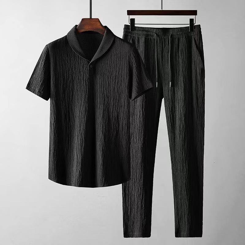Men's Summer Leisure Set – Loose Short Sleeve Top & Drawstring Trousers