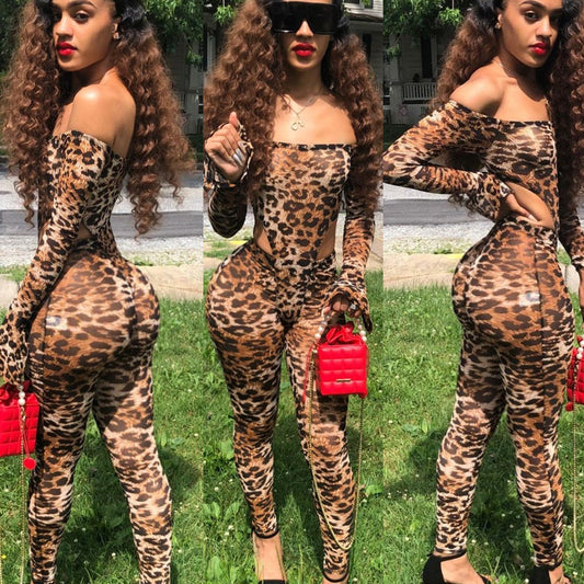 Sexy Leopard Print One-Shoulder Mesh Jumpsuit – High Waist Skinny Fit
