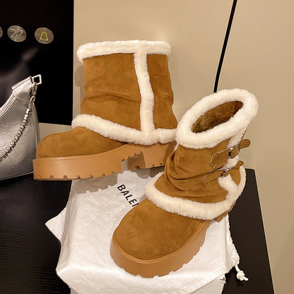 Women’s Suede Fur-Lined Winter Buckle Boots | Thick Sole Cozy Snow Ankle Boots