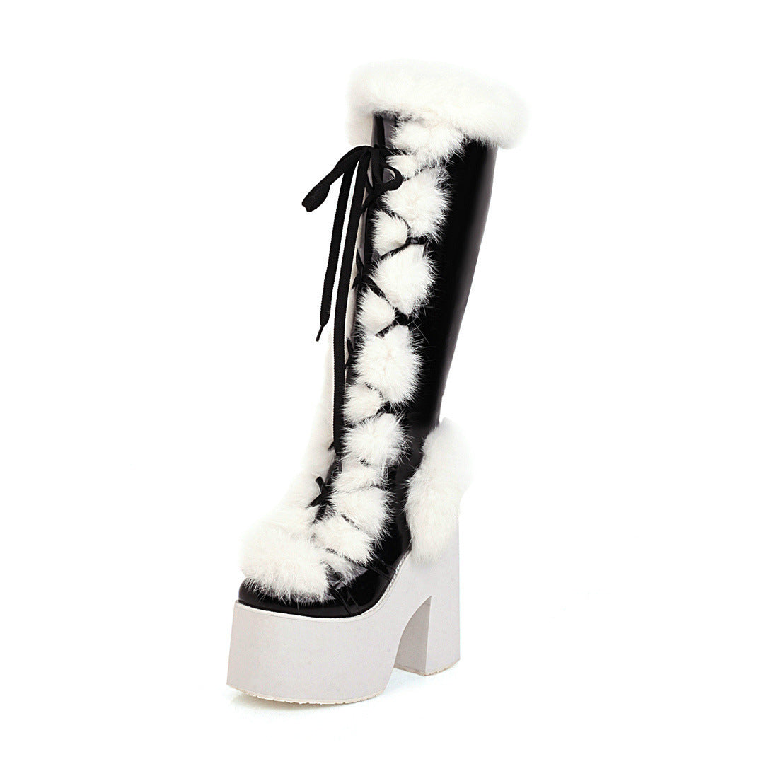 Luxury Platform Fur Snow Boots for Women High-Heel Thick Sole Winter Lace-Up Fashion Boots
