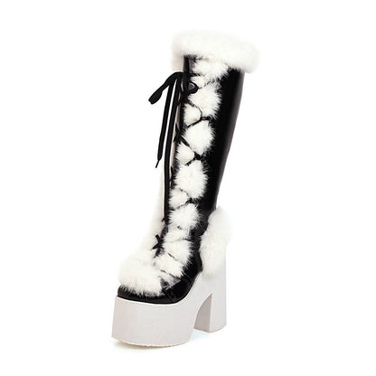 Luxury Platform Fur Snow Boots for Women High-Heel Thick Sole Winter Lace-Up Fashion Boots