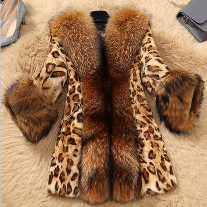 Luxury Leopard Print Faux Fur Coat – Mid-Length Winter Jacket with Fluffy Cuffs & V-Neck for Women