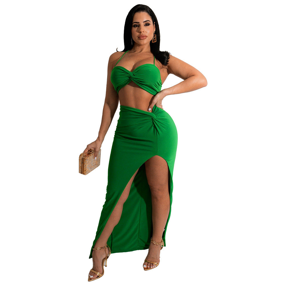 Ladies Pleated 2-Piece Halter Crop Top & Slit Maxi Skirt Set