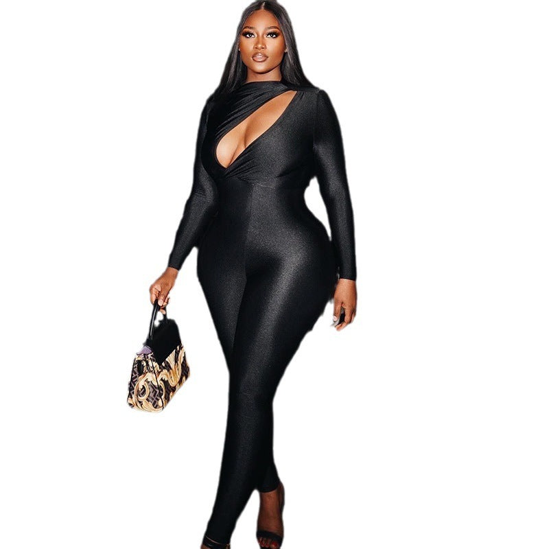 🖤 Cutout Long Sleeve Skinny Jumpsuit – Curve-Hugging Mid-Waist Fit