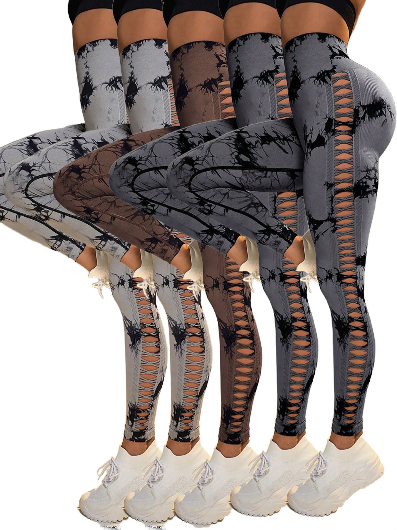 5 Pack Tie-Dye Cutout Booty-Lifting Yoga Leggings – High Waist Tummy Control