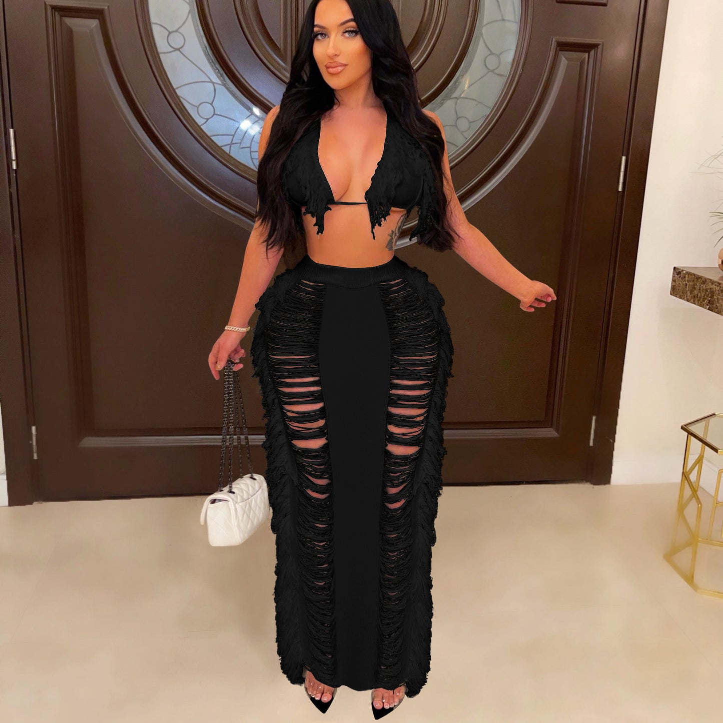 🏖️ Coastal Breeze Tassel Knit Cover-Up Set – Sleeveless Crop Top & Long Beach Skirt