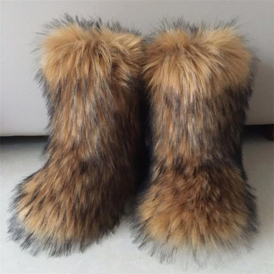 Luxury Faux Raccoon & Fox Fur Snow Boots – Women’s High-Top Winter Warm Flat Boots
