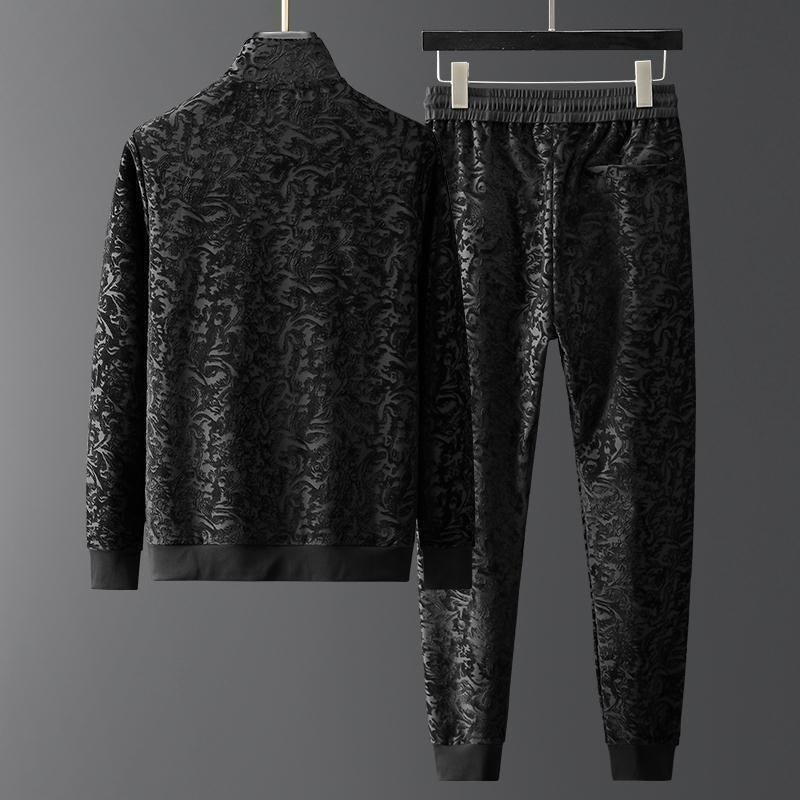 Men’s Jacquard Flocking Casual Tracksuit Set – Spring Long Sleeve Jacket & Joggers