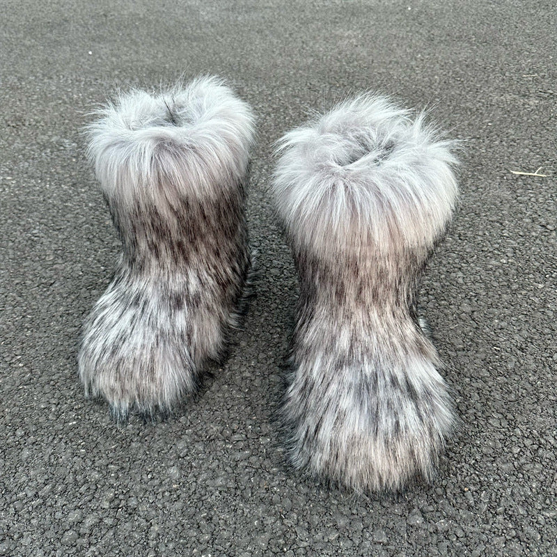 Luxury Raccoon Fur Plush Snow Boots – Women’s Faux Fur Short Tube Winter Warm Boots
