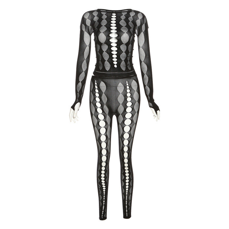Women's Fashion Casual Openwork Knit Jumpsuit – Long Sleeve Bodycon Set