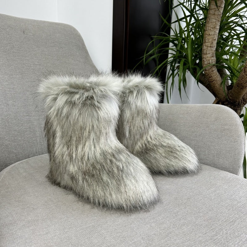 Luxury Raccoon Fur Plush Snow Boots – Women’s Faux Fur Short Tube Winter Warm Boots