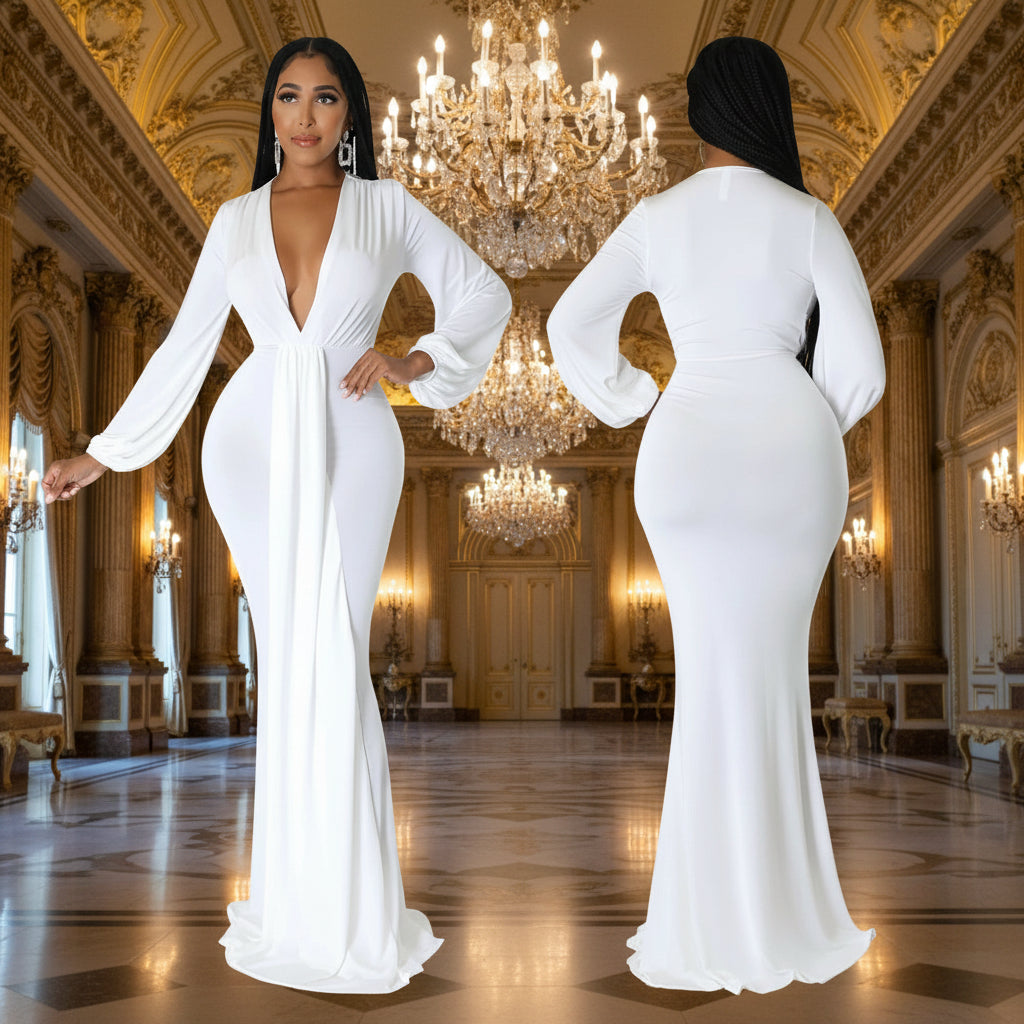 Luxury Deep V-Neck Lantern Sleeve Fishtail Evening Gown – Elegant Slim-Fit Mop Dress