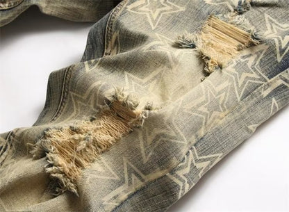 ⭐ Men’s Star Print Distressed Denim Jeans – Slim Fit Ripped Biker Style