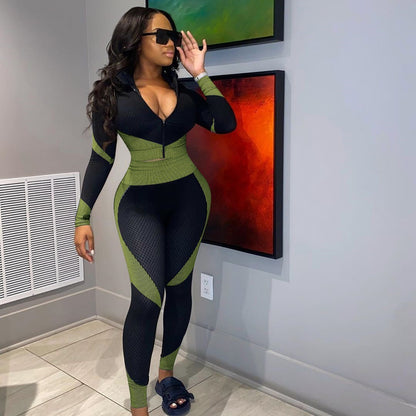 Women’s 2-Piece Seamless Yoga Set – Long Sleeve Zip Crop Top & High Waist Leggings