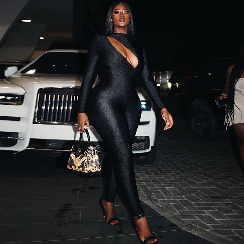 🖤 Cutout Long Sleeve Skinny Jumpsuit – Curve-Hugging Mid-Waist Fit