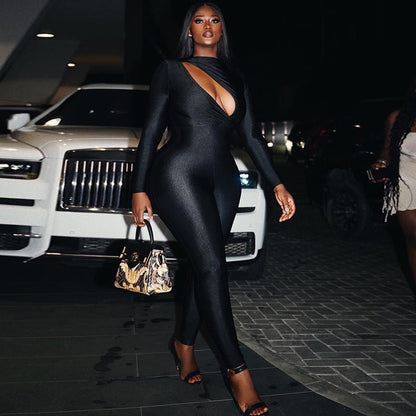 🖤 Cutout Long Sleeve Skinny Jumpsuit – Curve-Hugging Mid-Waist Fit