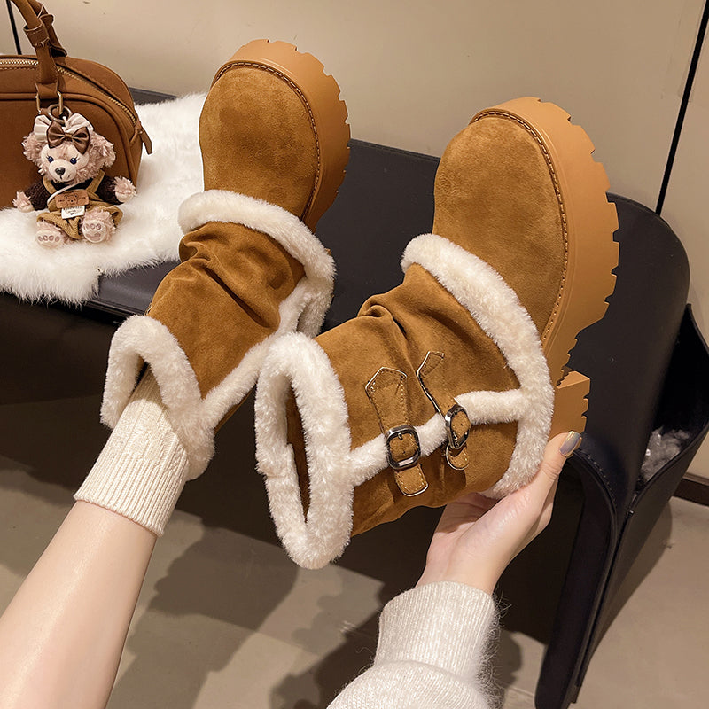 Women’s Suede Fur-Lined Winter Buckle Boots | Thick Sole Cozy Snow Ankle Boots