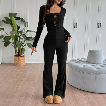 Hot Girl Lace-Up Slim Fit Black Jumpsuit – Long Sleeve Clubwear Outfit