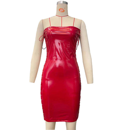 Women's Faux Leather Lace-Up Bodycon Midi Dress – Strapless Clubwear in Red & Black