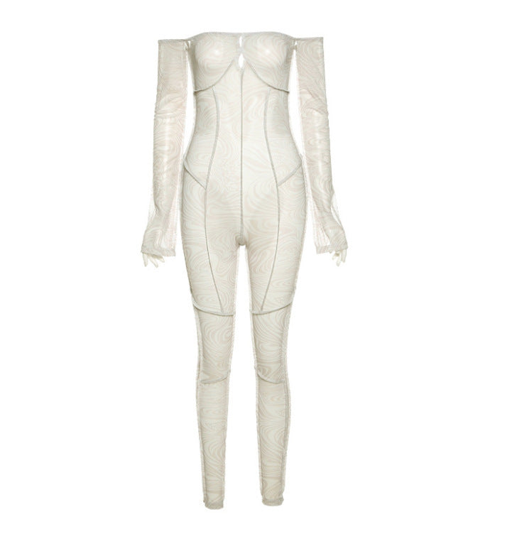 Sculpted Swirl Off-Shoulder Mesh Jumpsuit – Khaki Curve Contour Fit