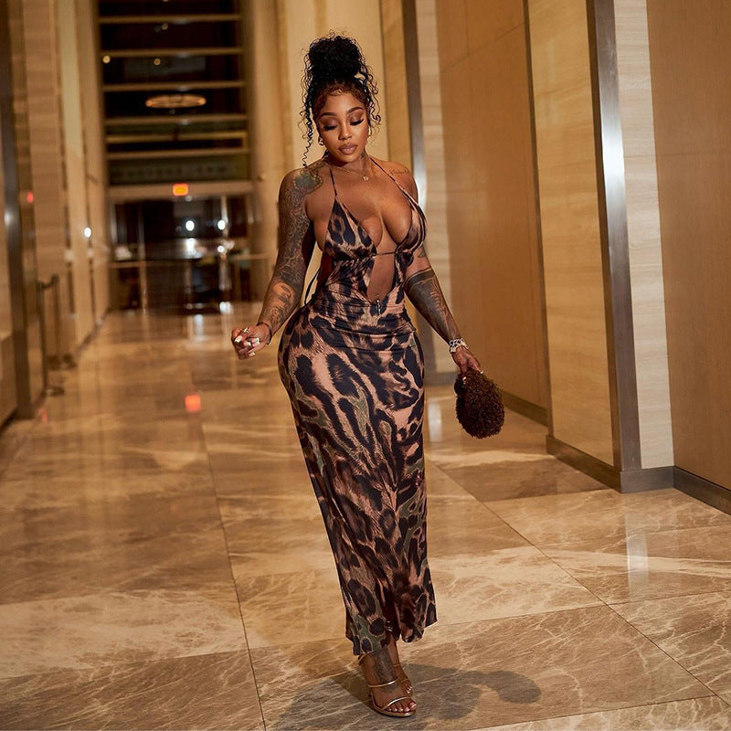 Sexy Halter Backless Leopard Print Maxi Dress – High Waist Bodycon