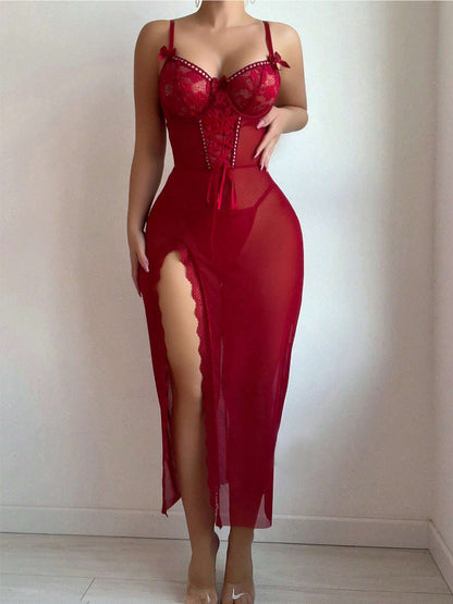 Sexy Lace Cutout Sheer Mesh Pajamas Jumpsuit Lingerie Set – Lace-Up Backless Sleepwear