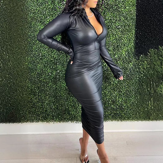 European & American Women’s Long Sleeve Pleated PU Leather Zipper Dress – Black