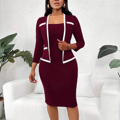 Chic Contrast Trim Blazer Dress Set – Sophisticated 2-in-1 Office Look