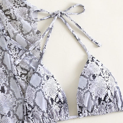 Women's Backless Halter Snakeskin Pattern Mesh Suit