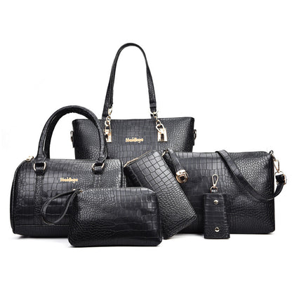 6-Piece Croc-Embossed Luxury Handbag Set – Tote, Satchel, Shoulder & Accessories