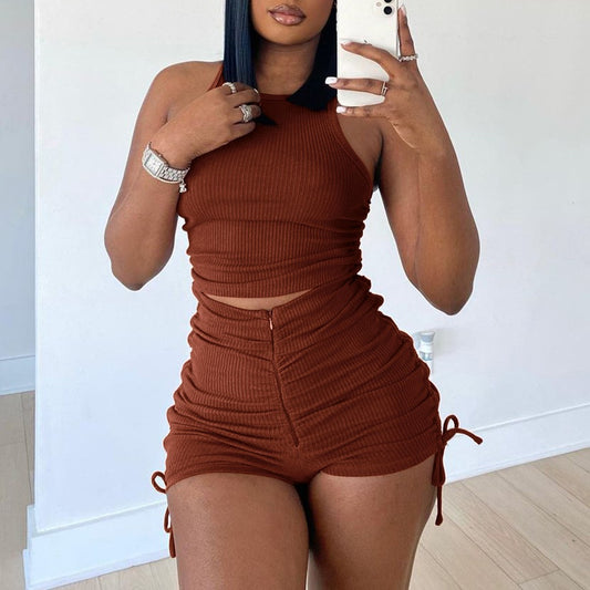 🔥 Ribbed Drawstring Two-Piece Shorts Set – Sleeveless Crop Vest Loungewear
